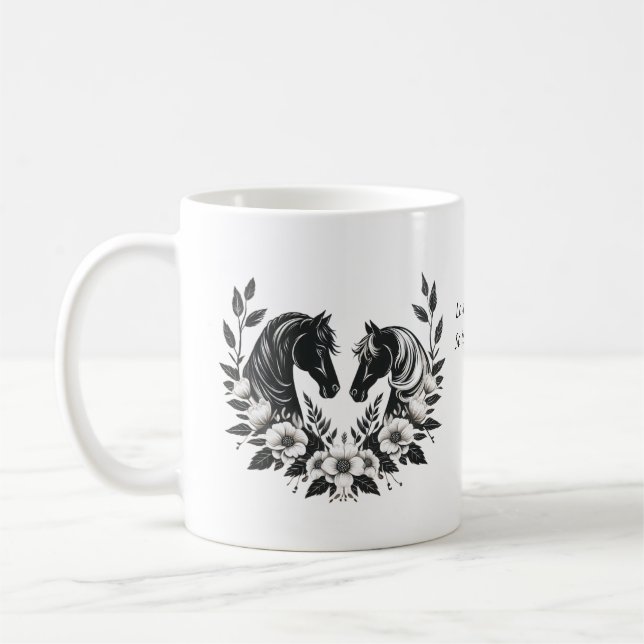 Caneca De Café Cavalos e Flores Pretos e Brancos (Esquerda)