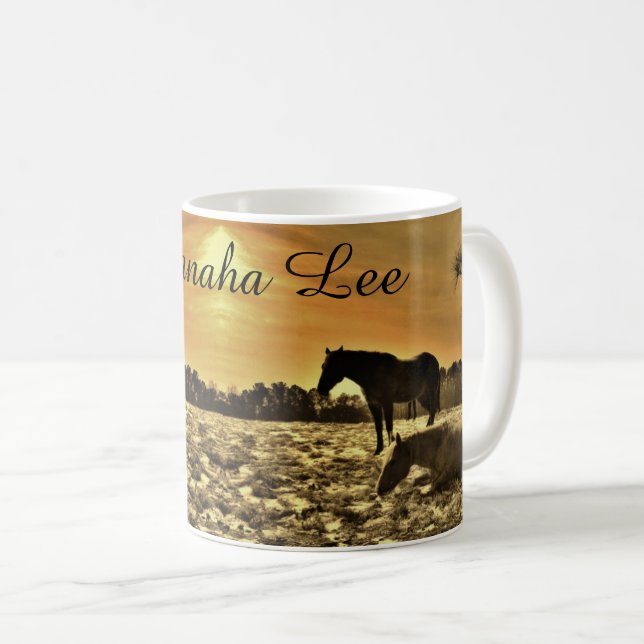 Caneca De Café Cavalos Personalizados com o Nome Rustic Sunset (Frente Esquerda)
