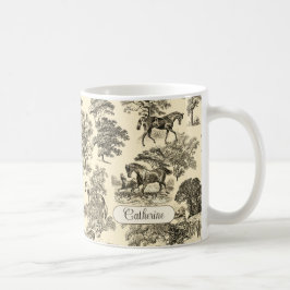 Caneca De Café Cavalos Rústicos Elegantes Árvores Toile Bege Bege