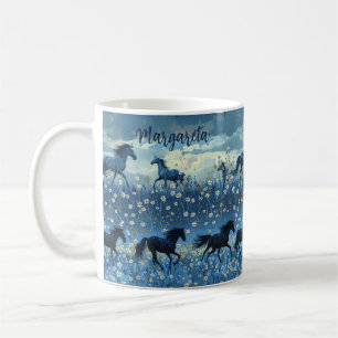 Caneca De Café Cavalos Selvagens e Flores Selvagens Azuis de Mug