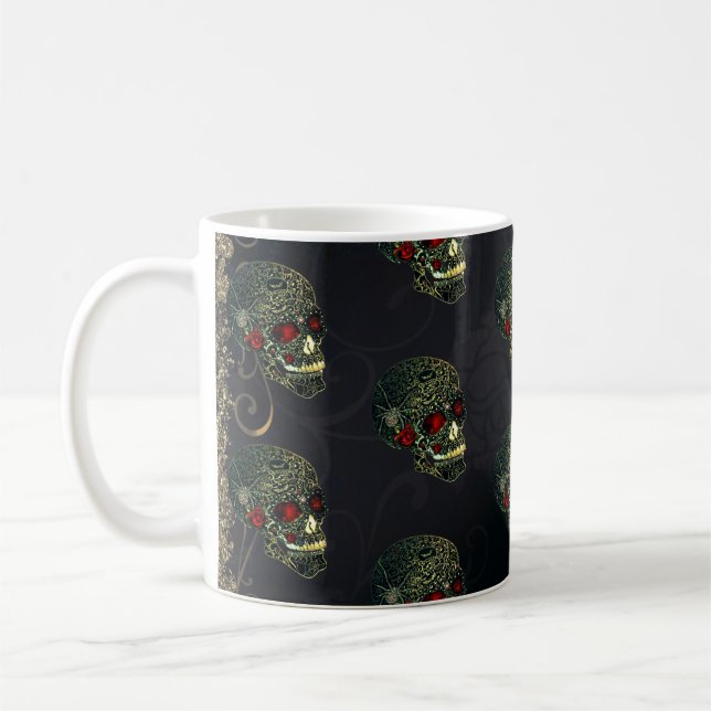 Caneca De Café Caveira de Aranha e Rosas Glam - Filigrana Gótica (Esquerda)