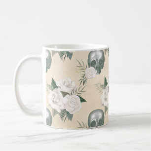 Caneca De Café Caveira de Boho com Rosas Brancas
