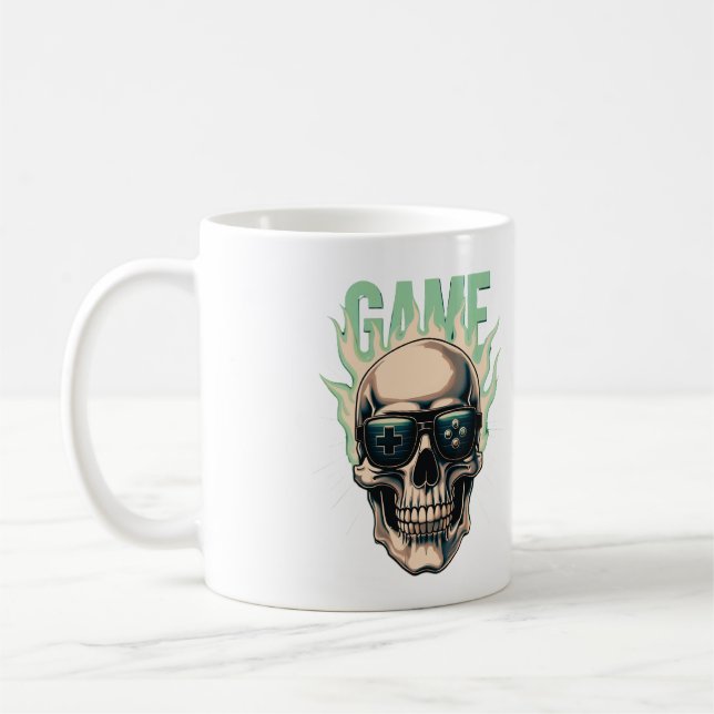Caneca De Café Caveira de Gamer em Chamas – Poder de Jogos Retrô (Esquerda)