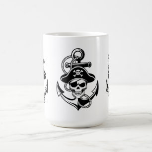 Caneca De Café Caveira e Âncora de Pirata Negrito - Design náutic
