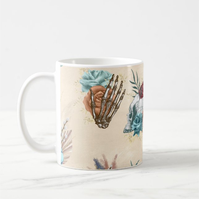 Caneca De Café Caveira e Esqueleto de Boho com Flores (Esquerda)