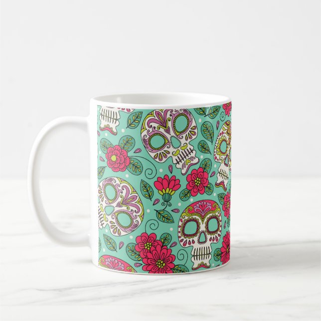 Caneca De Café Caveira e Flores. Um Fundo Ininterrupto. da mexica (Esquerda)