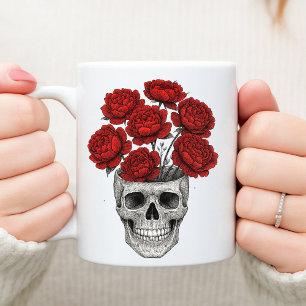 Caneca De Café Caveira e Rosas - Arte de Tinta Floral Gótica