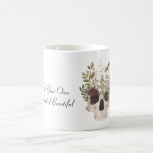 Caneca De Café Caveira Flores Bordeaux Folhas Verdes