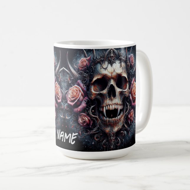Caneca De Café Caveira Gótica Adornada com Rosas (Frente Esquerda)