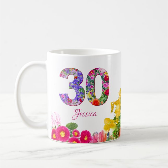 Caneca De Café Celebração Floral aniversário de 30 anos Mug Perso (Esquerda)