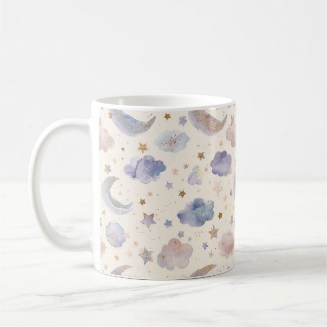 Caneca De Café Celestial Moon Stars Clouds Watercolor Pastel (Esquerda)