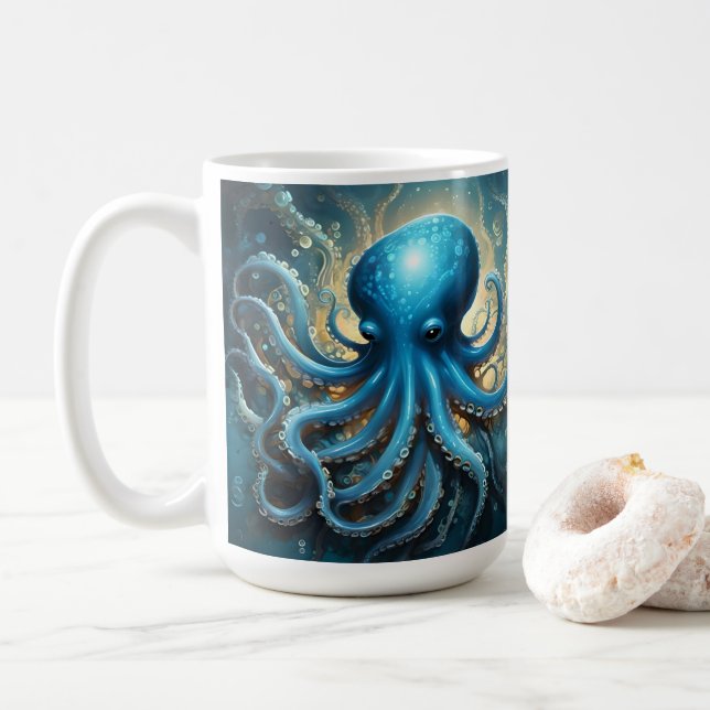 Caneca De Café Celestial Waves: The Blue Octopus Fractal Art (Com Donut)