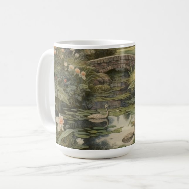 Caneca De Café Cena botânica dos cisnes num jardim inglês (Frente Esquerda)