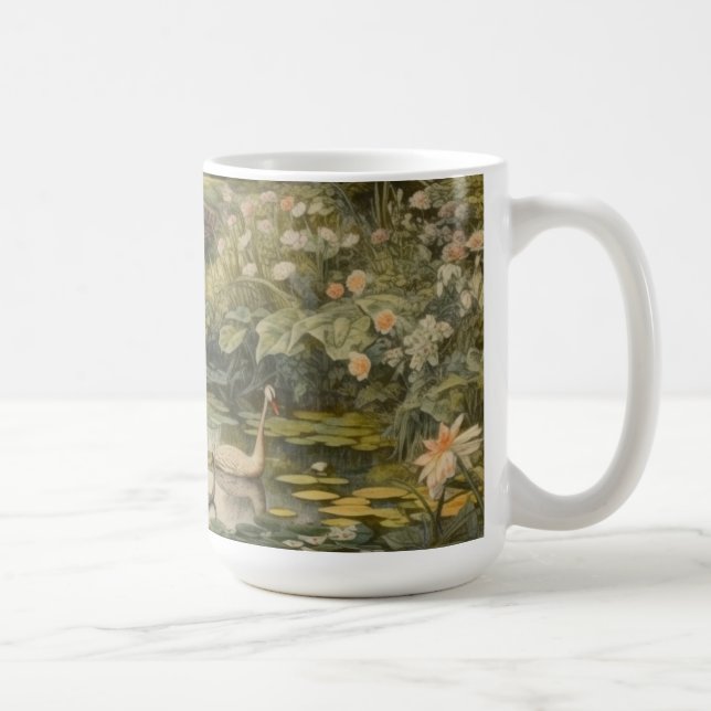 Caneca De Café Cena botânica dos cisnes num jardim inglês (Direita)