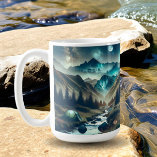 Caneca De Café Cena de Acampamento com Montanhas e Tent