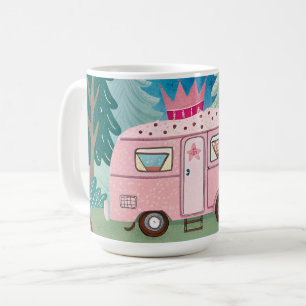 Caneca De Café Cena de Acampamento de Camper Van, Cor-de-Rosa Whi
