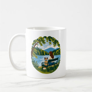 Caneca De Café Cena de banco de lago tranquilo com Bulldog Francê