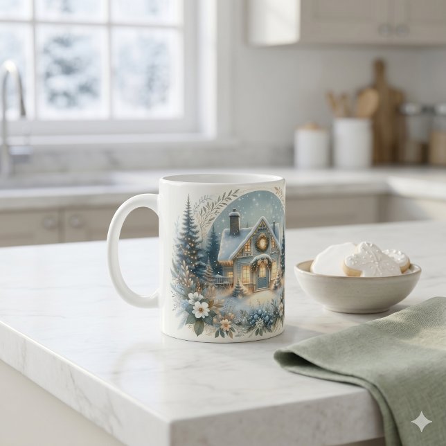 Caneca De Café Cena de Brilho da Cabana Nevada (Snowy Cottage Glow Scene Coffee Mug)