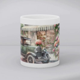 Caneca De Café Cena de Carro Retrô e Loja de Flores