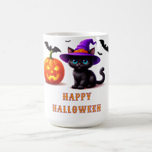 Caneca De Café Cena de Halloween de Abóbora com Gato Preto Fofo �