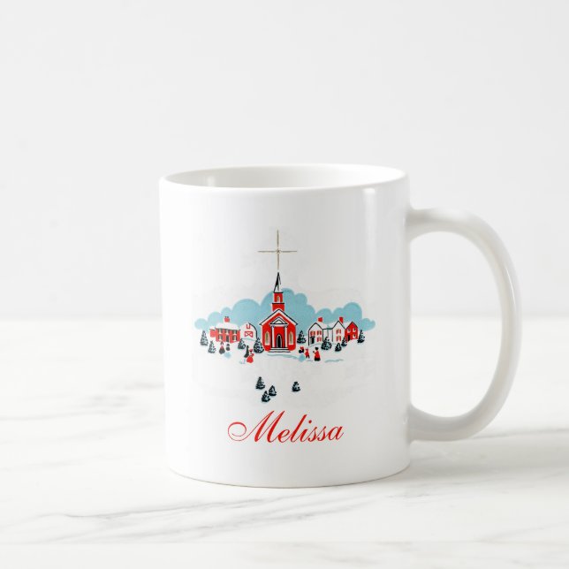 Caneca De Café Cena de inverno com Igreja Vermelha e Estrela de N (Direita)