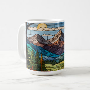 Caneca De Café Cena de montanha florestal em vitral vintage