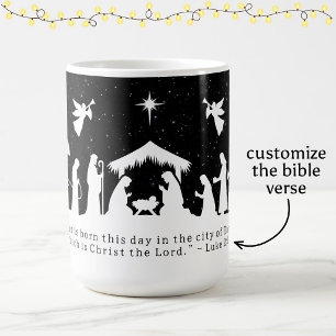 Caneca De Café Cena de Natal Preto e Branco com Versículo Bíblico