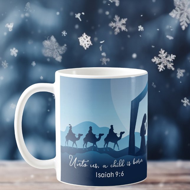 Caneca De Café Cena de Natal Religiosa Cena Azul Cristã (Criador carregado)