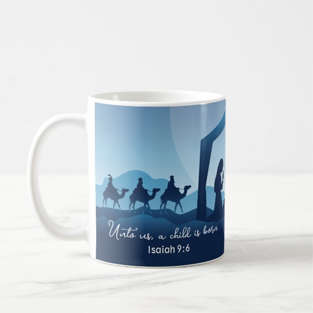 Caneca De Café Cena de Natal Religiosa Cena Azul Cristã (Esquerda)
