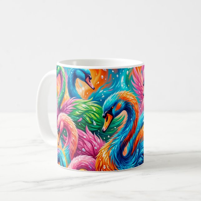 Caneca De Café Cena de Sonho de Cisne Vibrante – Boho Psicodélico (Frente Esquerda)