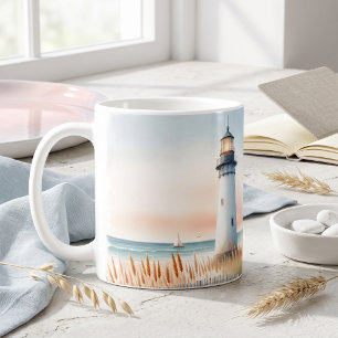 Caneca De Café Cena em aquarela de Farol e Chalé à Beira-Mar