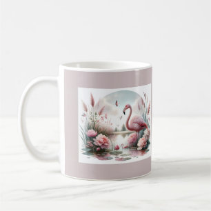 Caneca De Café Cena Floral de Flamingo em Lagoa Pastel