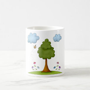 Caneca De Café Cena natural de abelhas e árvores com flores e nuv