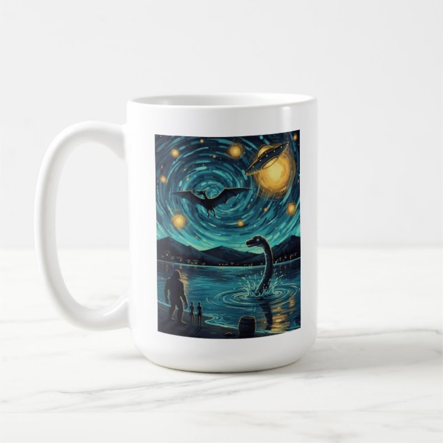 Caneca De Café Cena Noturna de Criptozoários Nessie Pterossauro P (Esquerda)