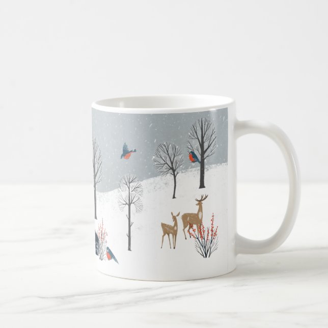 Caneca De Café Cena Snowy Woodland Saltbox Home Fox Deer (Direita)