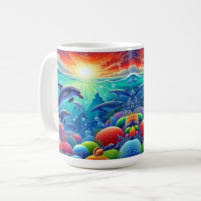 Caneca De Café Cena Submarina Com Golfinhos (Frente Esquerda)