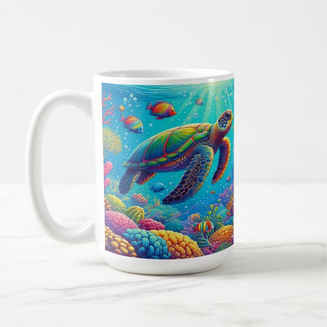 Caneca De Café Cena Submarina de Tartaruga e Peixes Tropicais (Esquerda)
