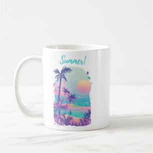 Caneca De Café Cenário 1 verão, água, flores, areia, ondas