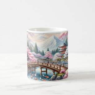 Caneca De Café Cenário japonês com Ponte, Koi e Sakura