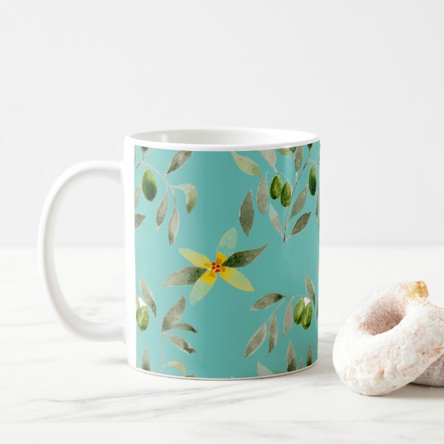 Caneca De Café Ceramic mug with olive design on light teal (Com Donut)