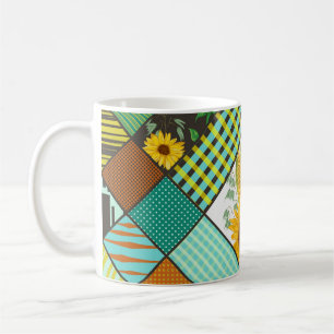 Caneca De Café Cereais de retalhos, girassóis, padrão geométrico.