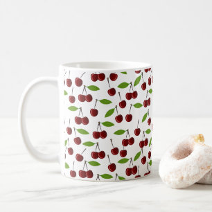 Caneca De Café Cereja Vermelha, Padrão De Cerejas, Folhas, Fruta