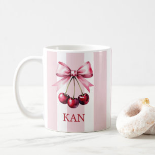 Caneca De Café Cerejas de Laço Rosa Monograma Estética Coquete