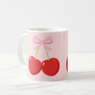 Caneca De Café Cerejas Vermelhas com Laço Rosa Coquette Cottage C