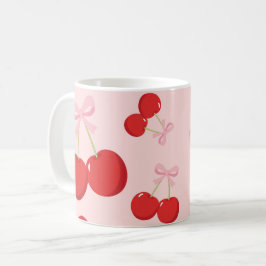 Caneca De Café Cerejas Vermelhas com Laço Rosa Coquette Estilo Co