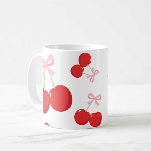 Caneca De Café Cerejas Vermelhas com Laço Rosa Coquette Estilo Co (Frente Esquerda)