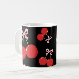 Caneca De Café Cerejas Vermelhas com Laço Rosa Coquette Estilo Co
