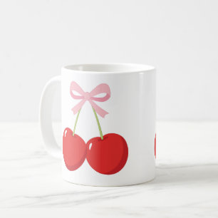 Caneca De Café Cerejas Vermelhas com Laço Rosa Coquette Estilo Co