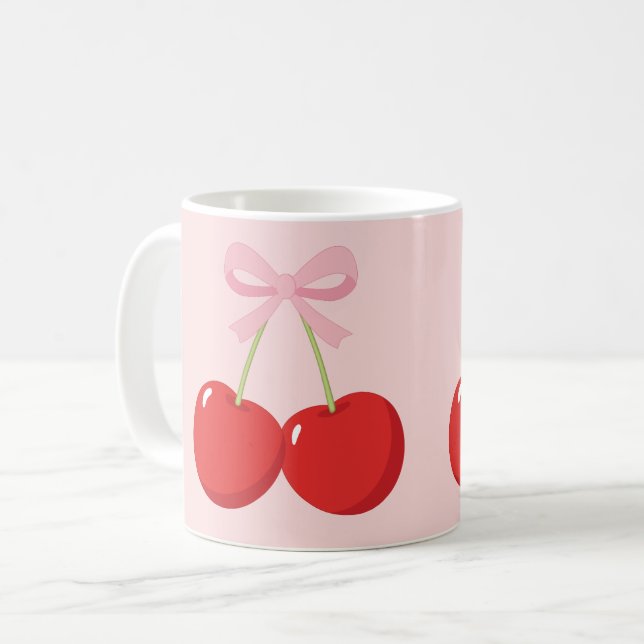 Caneca De Café Cerejas Vermelhas com Laço Rosa Coquette Estilo Co (Frente Esquerda)