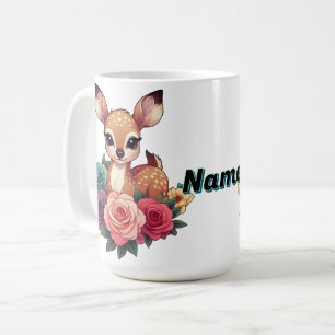 Caneca De Café Cervo Bebê Personalizado com Rosas Floral Floresta
